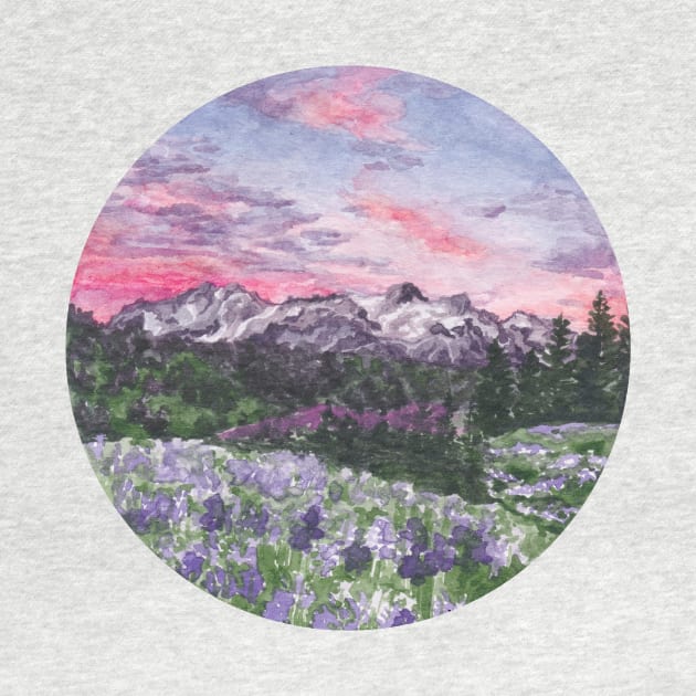 Purple Skies with Mountains and Fields Watercolour Landscape Painting by Flowering Words